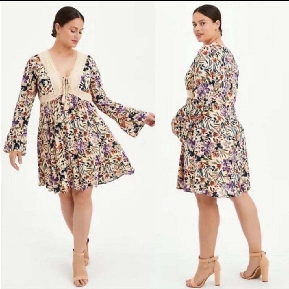 Torrid Sand Floral Gauze Lace up Skater Long Sleeve Mini Dress NWT